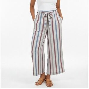 Indigo Rein Womens Boho Linen Striped Wide Leg Pants Size S White Blue Coastal